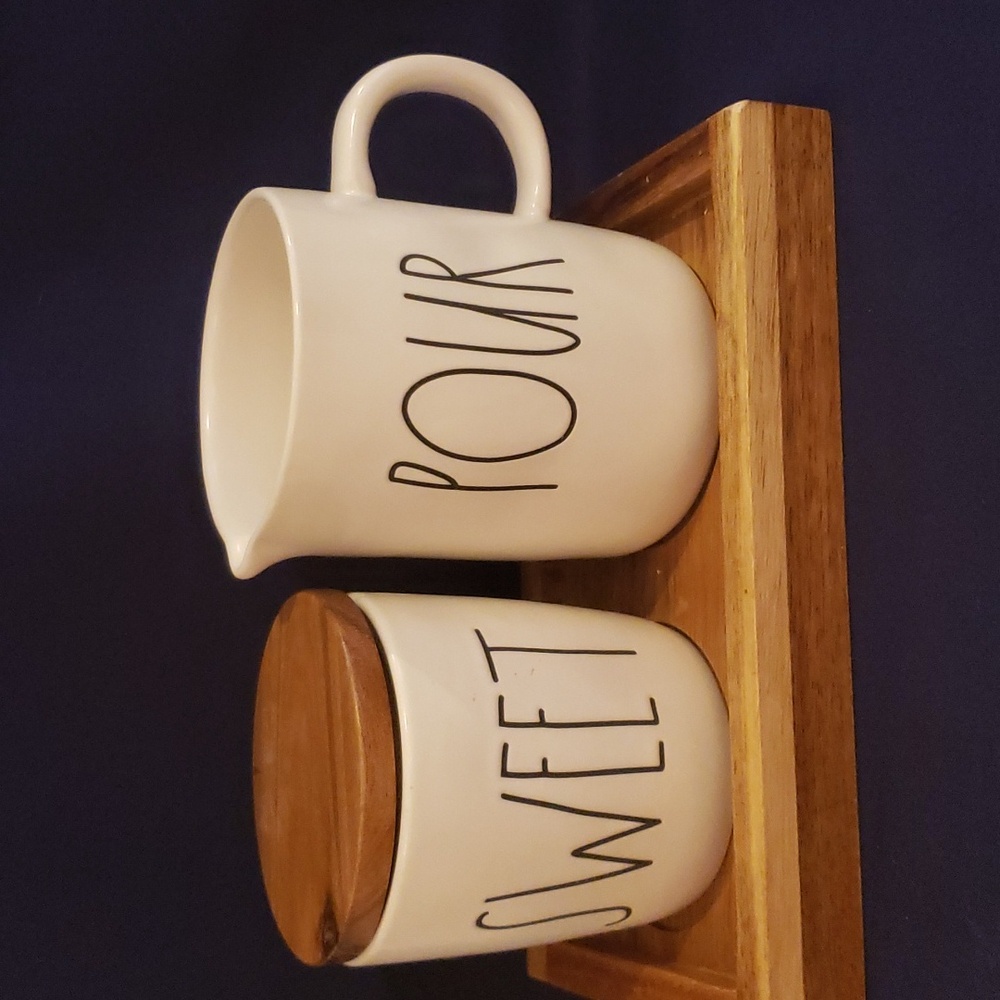 Rae Dunn Sweet and Pour (sugar and creamer) on wood tray.